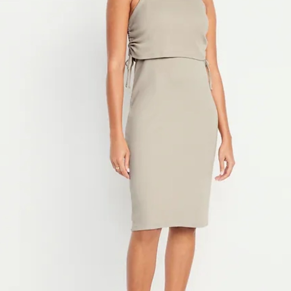 Old Navy Tan Ribbed Ruched Sheath Midi Dress